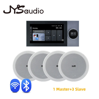 Jysaudio smart home theater wall sound amplifier wifi touch with black gray touchscreen and four white ceiling speakers