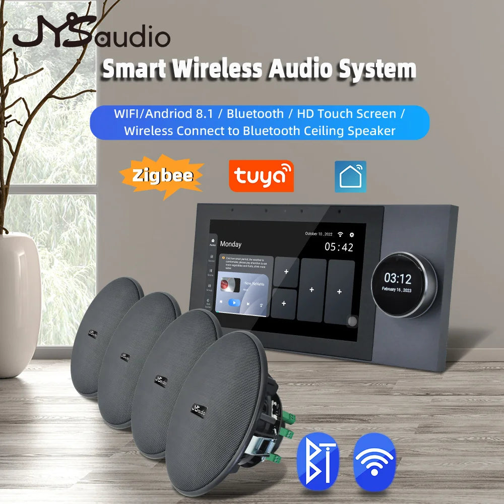 Black jys audio smart home theater system with hd touchscreen wall sound amplifier wifi touch and four ceiling speakers