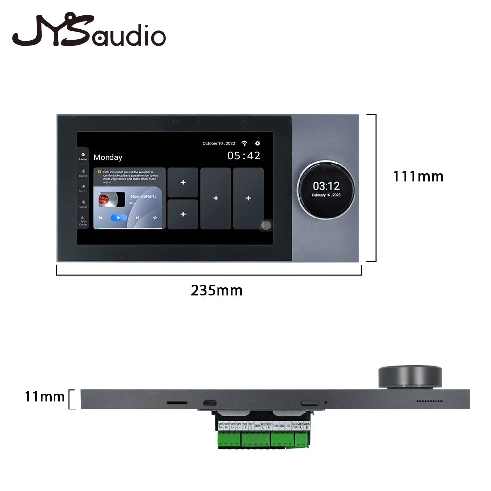 Gray jysaudio smart home theater wall sound amplifier with wifi touch screen and circular digital clock display