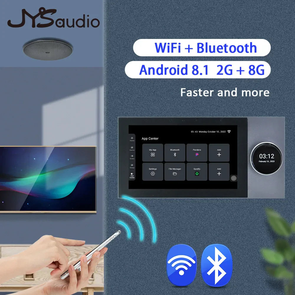 Jysaudio android 8.1 car stereo with wifi, bluetooth, sleek black touchscreen, silver accents for smart home theater use