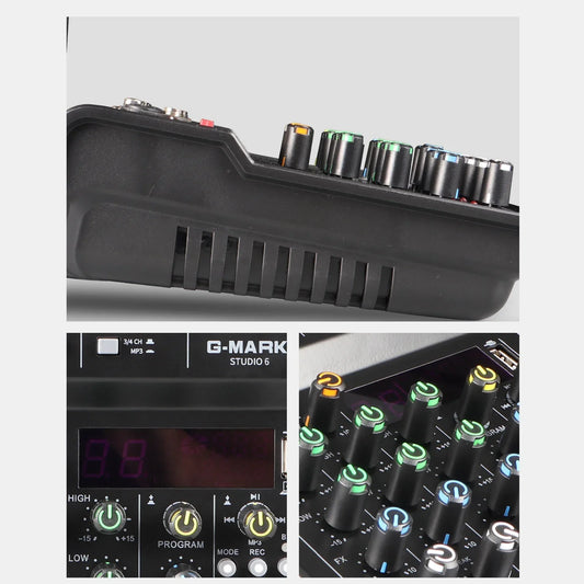 Black g-mark studio 6 audio sound mixer with colorful illuminated knobs and usb interface mixing for live use