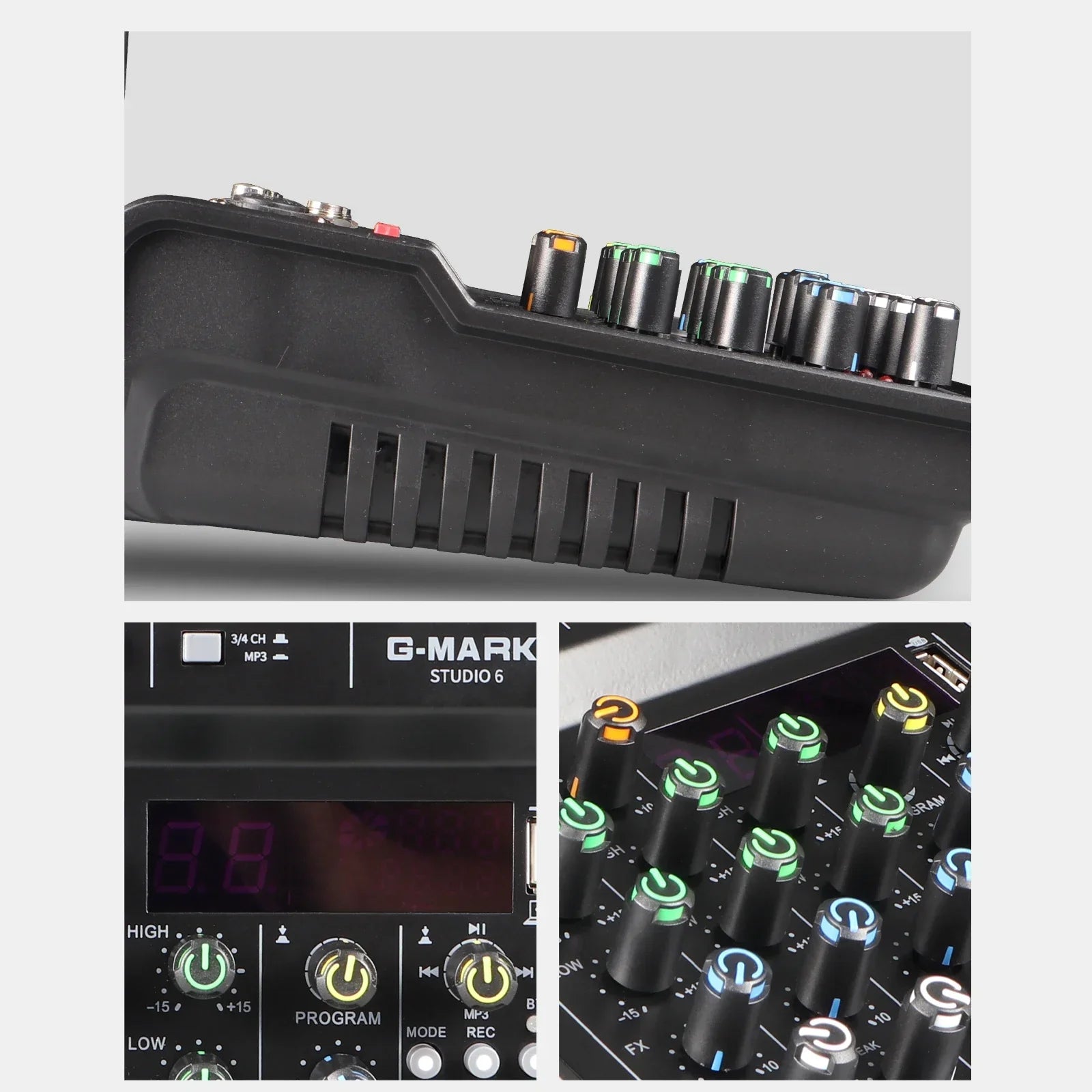 Black g-mark studio 6 audio sound mixer with colorful illuminated knobs and usb interface mixing display for live use