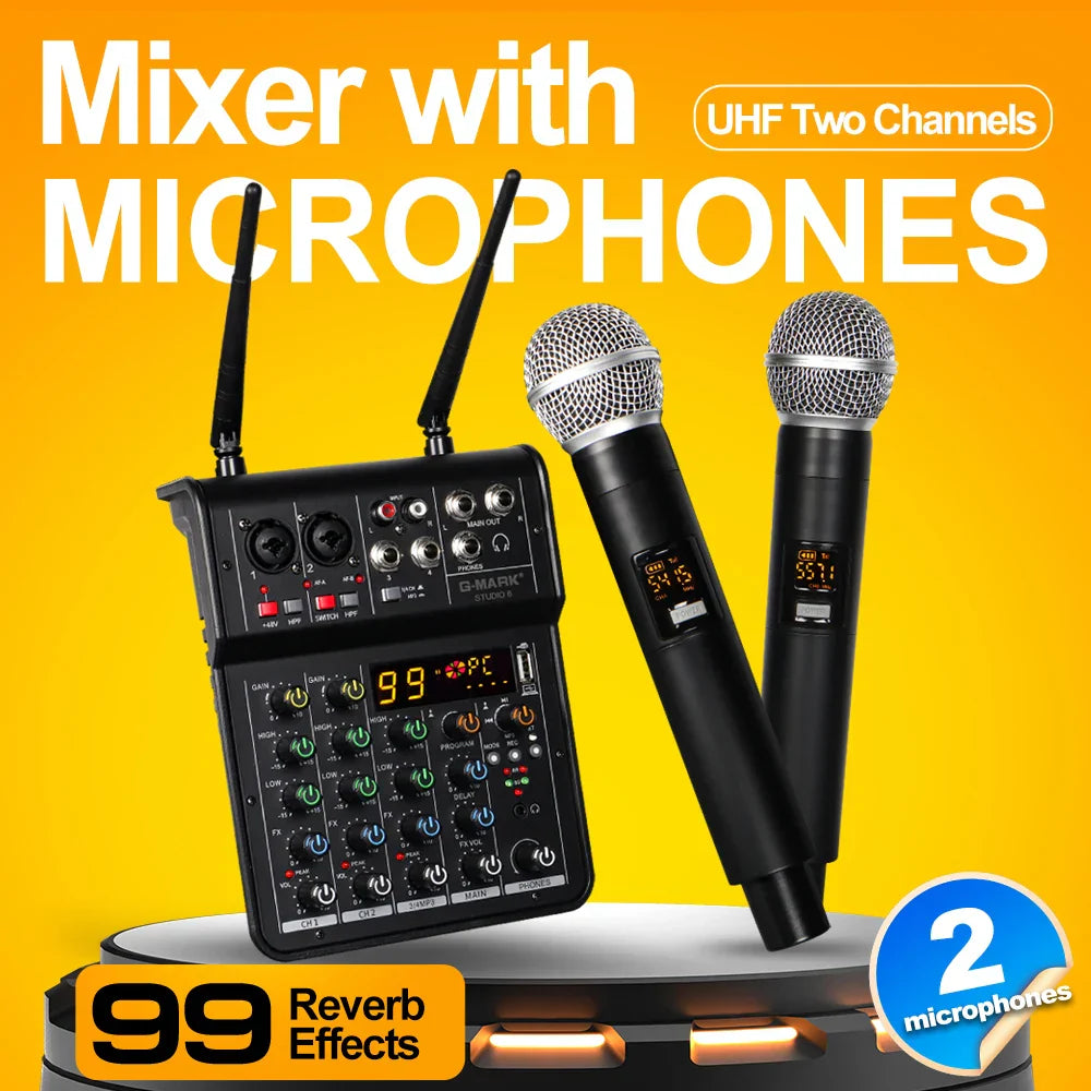 Black d-mark studio 2 uhf wireless microphone system with silver mesh microphones for audio sound mixer usb interface mixing