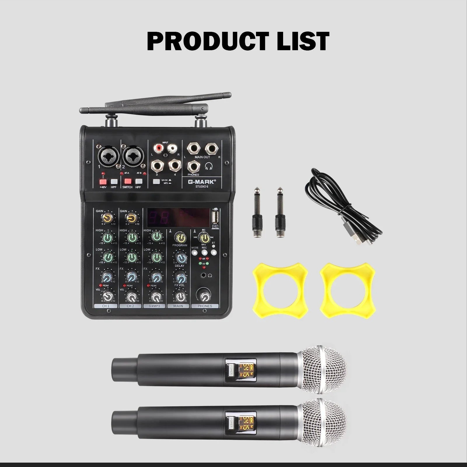 Black g-mark studio wireless microphone system with two handheld microphones and usb interface mixing board for live use