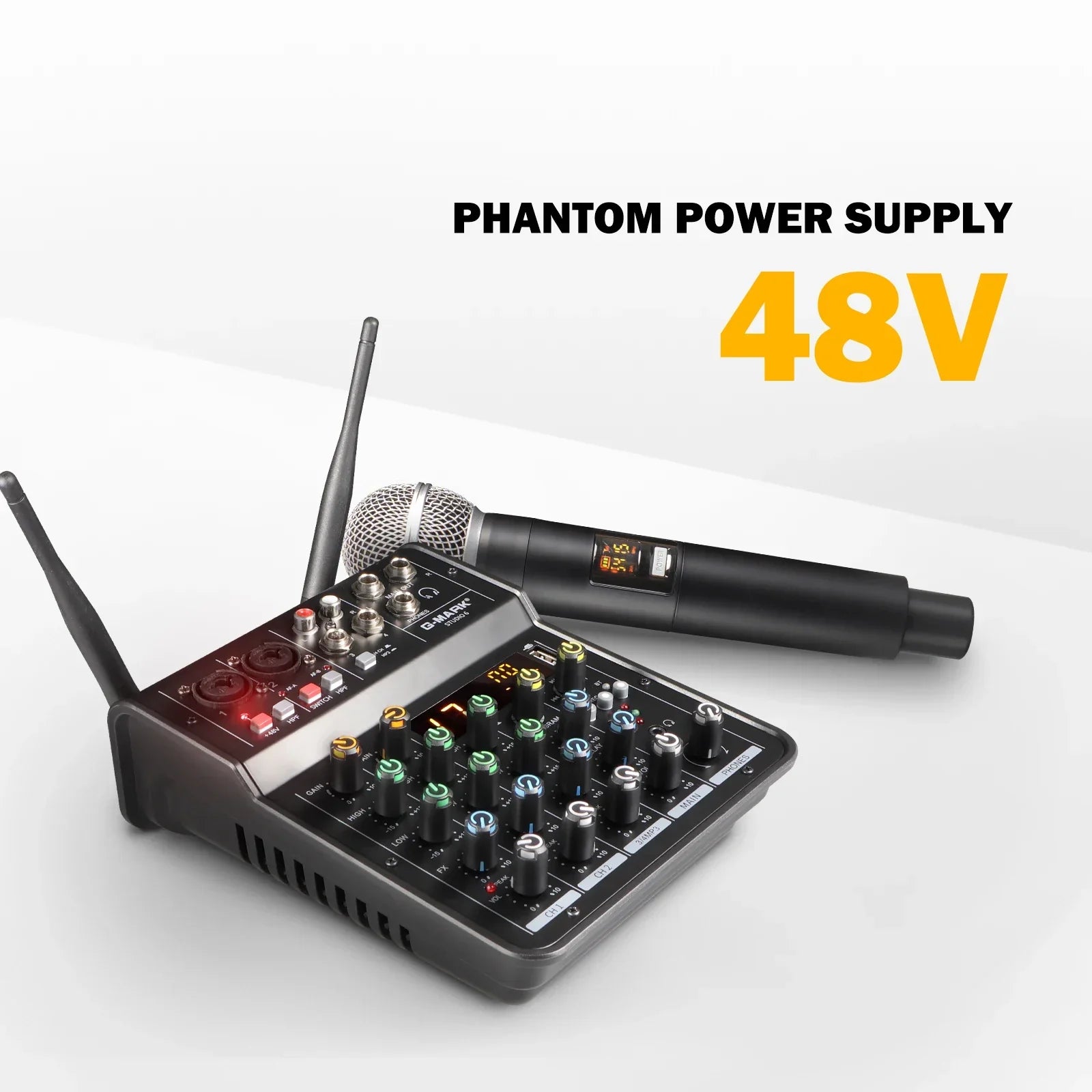 Black wireless microphone with silver mesh grille and digital display paired with colorful knob audio sound mixer usb interface mixing board for live use
