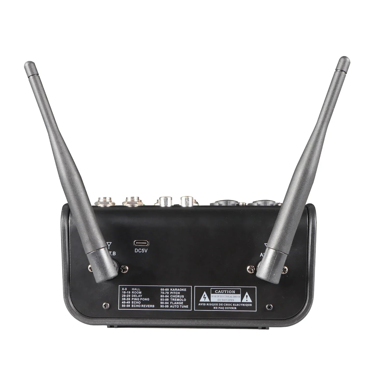 Black wireless audio sound mixer receiver with two silver antennas and usb-c port for microphone g-mark studio usb interface mixing