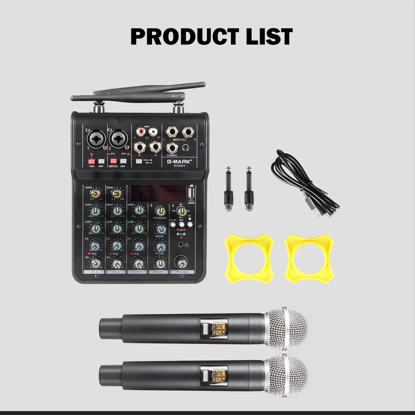 Black g-mark studio wireless audio sound mixer with two handheld microphones and usb interface mixing for live use