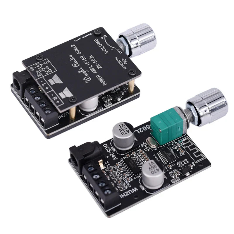 Black high power digital amplifier stereo board with silver knobs and green capacitors for amplificador audio home use
