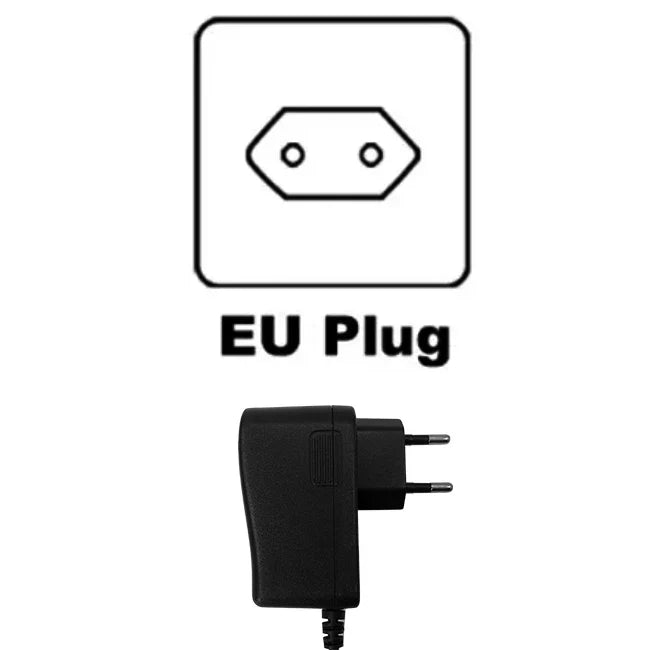 Black plastic eu plug adapter with two flat prongs and textured body for dvd speaker analog stereo audio splitter 1x4 use
