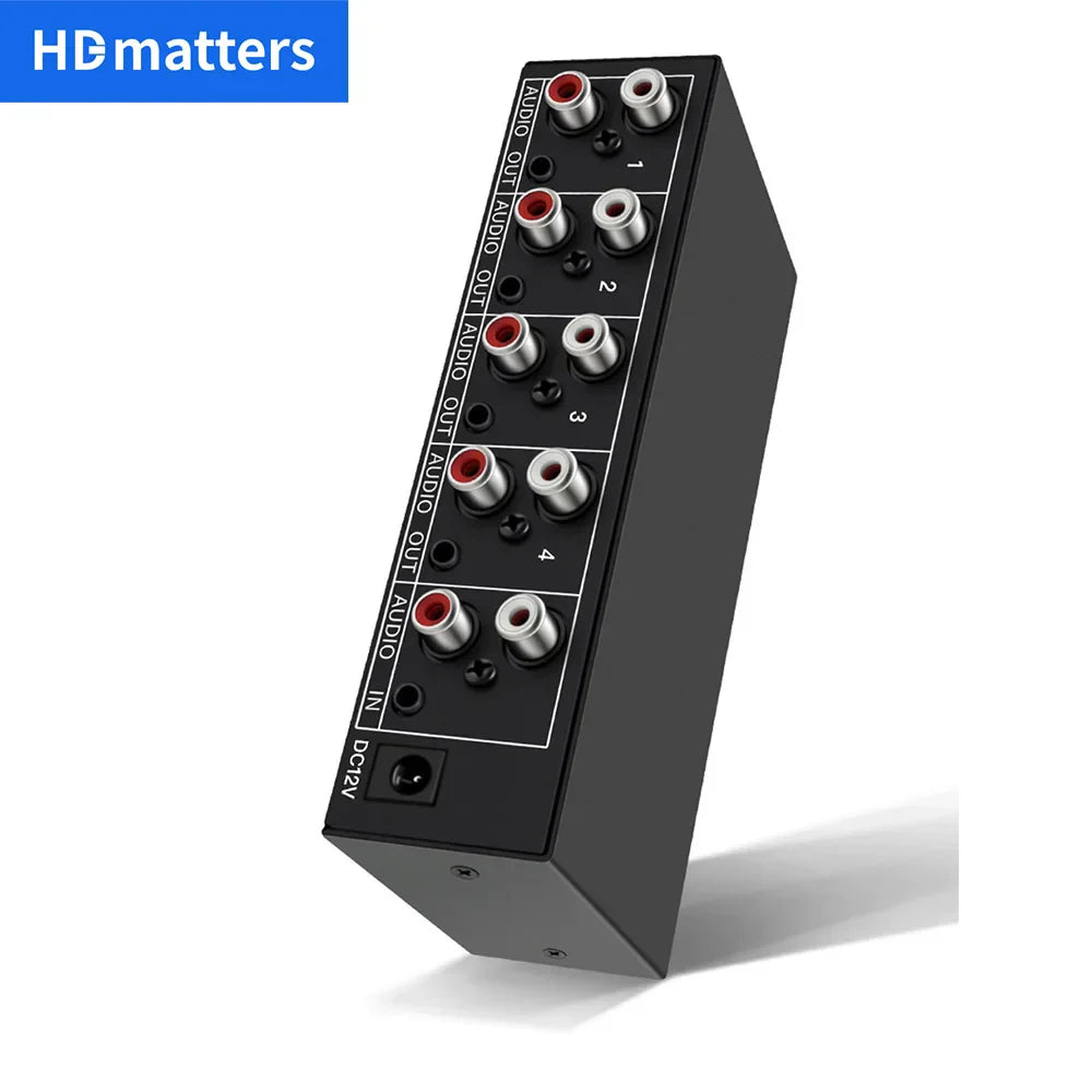 Black hdmatters stereo audio splitter 1x4 with four red silver rca audio out ports and dc12v power input port back view