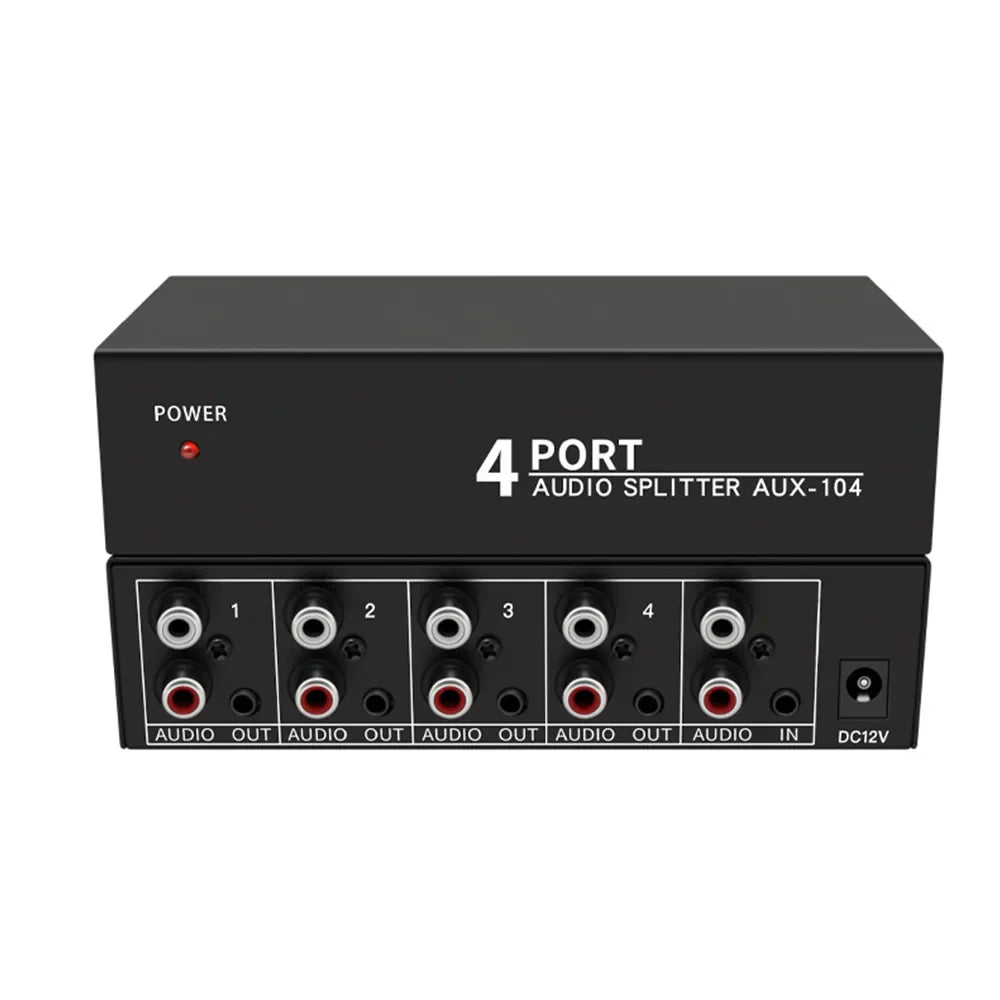 Black 4-port stereo audio splitter 1x4 with red power indicator and labeled rca input output ports for dvd speaker analog use