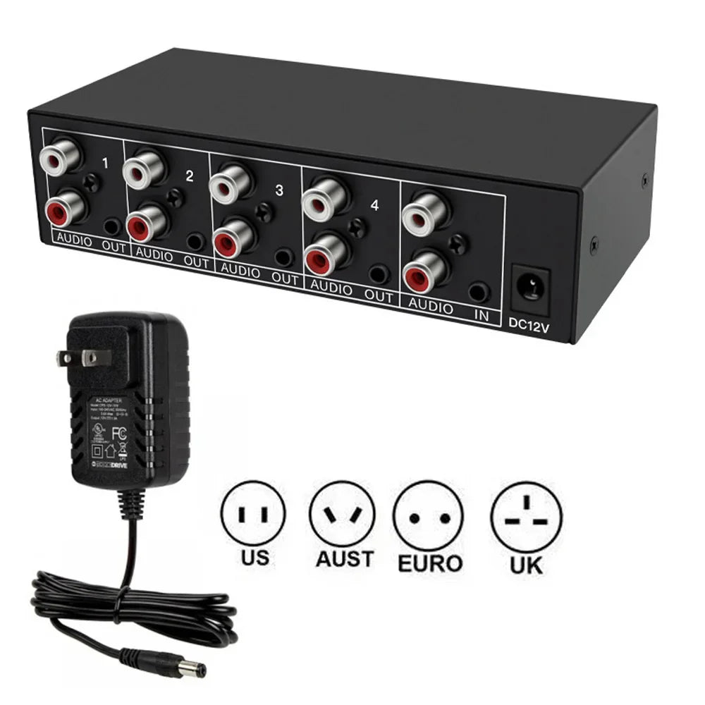 Black rectangular stereo audio splitter 1x4 with four rca ports and dc12v adapter for dvd speaker analog connections