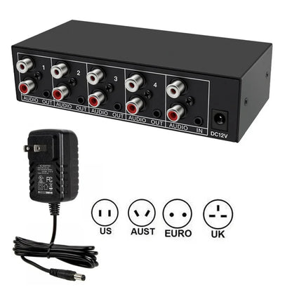 Black rectangular stereo audio splitter 1x4 with four rca ports and dc12v adapter for dvd speaker analog connections