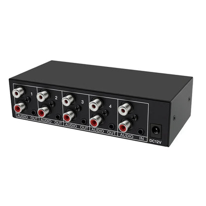 Black rectangular stereo audio splitter 1x4 with silver rca output jacks for dvd speaker analog audio distribution