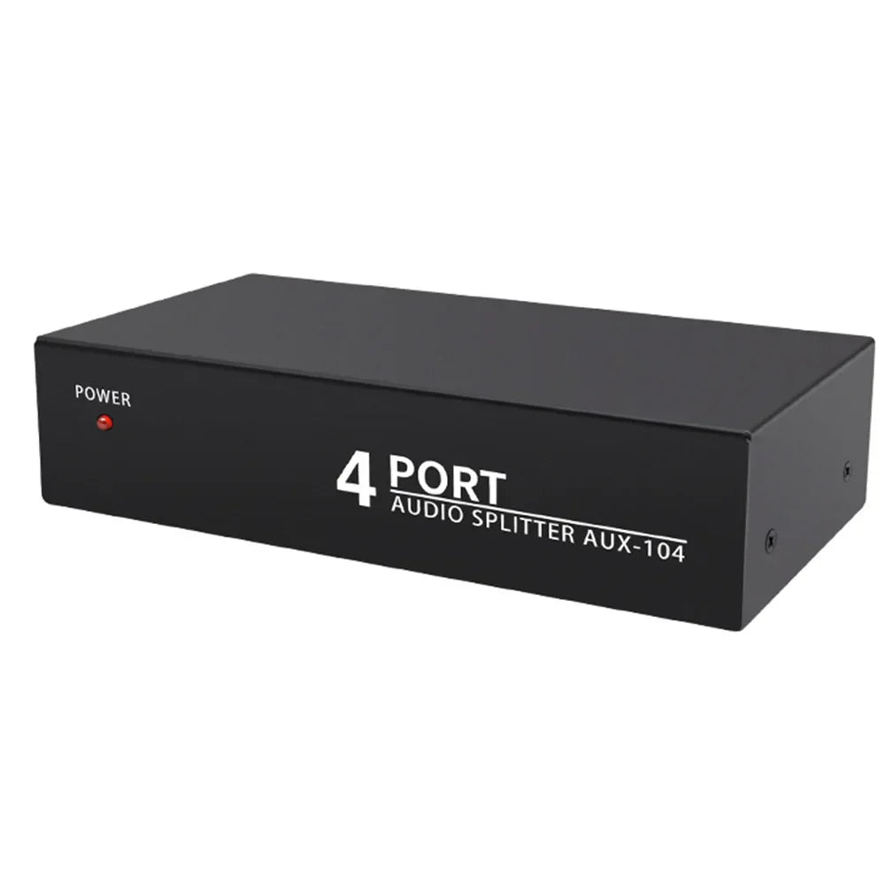 Black rectangular 4-port stereo audio splitter 1x4 with white labeling and red power indicator for dvd speaker analog use
