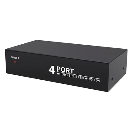 Black rectangular 4-port stereo audio splitter 1x4 with white labeling and red power indicator for dvd speaker analog use