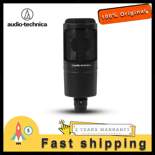 Black audio technica at2020 wired cardioid condenser microphone with mesh grille for professional live recording