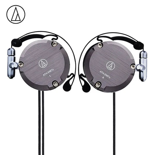Silver-finished Audio-Technica ATH-EM7X wired earphone sport ear hook with brushed metal texture and black headband for heavy bass