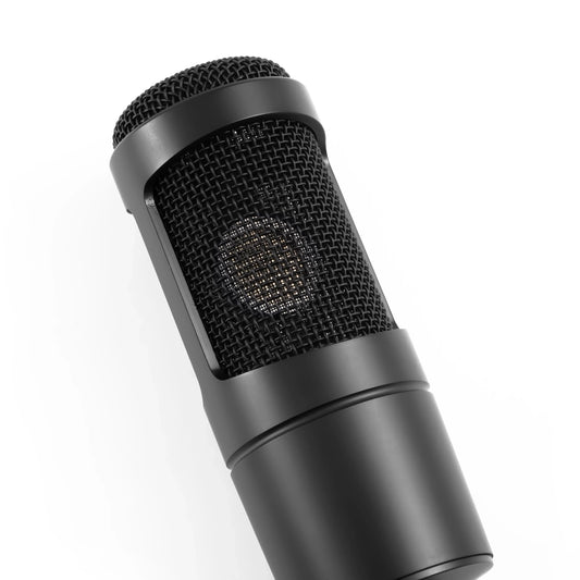 Black Audio Technical AT2035 condenser microphone with textured mesh grille and matte finish for studio recording equipment professional use