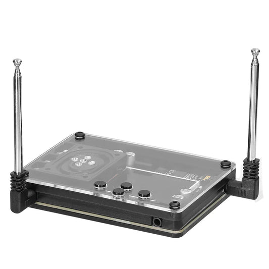 Clear acrylic audio theremin musical module with black base silver telescopic antennas vintage electronic ingenious instrument