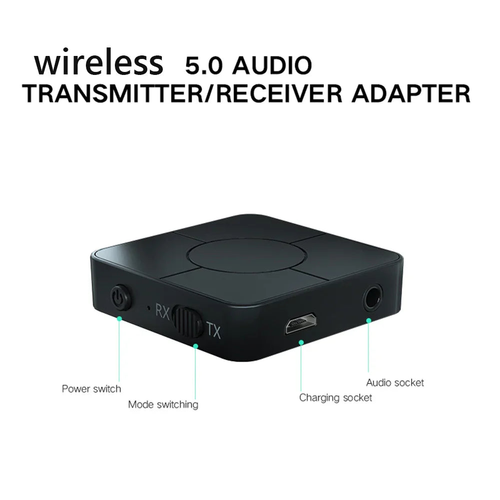 Black rectangular wireless 5.0 music audio adapter with rca ports and switches for car intelligent systems shown from the back side