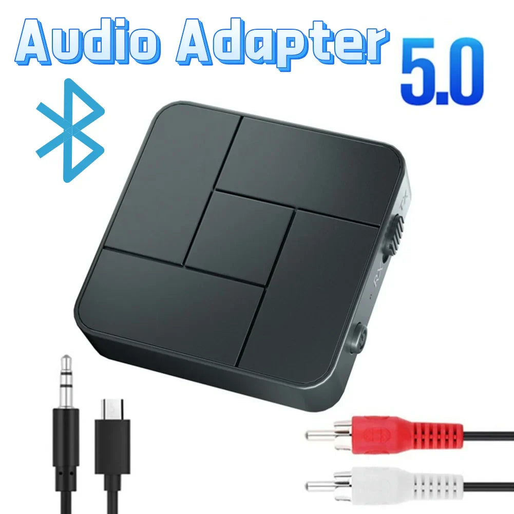 Black rectangular bluetooth 5.0 music audio adapter with matte finish and rca wireless music ports for car intelligent system