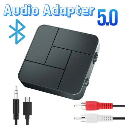 Black rectangular bluetooth 5.0 music audio adapter with matte finish and rca wireless music ports for car intelligent system