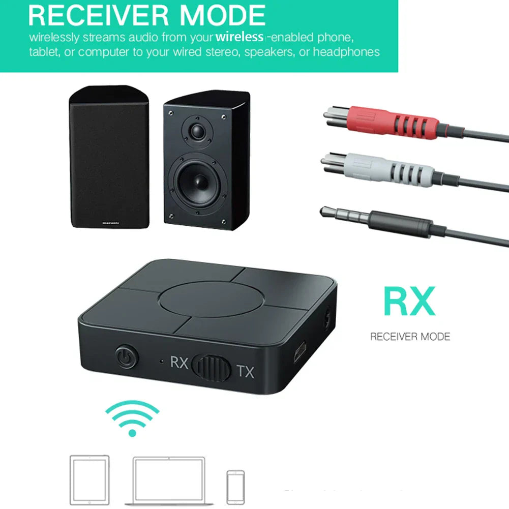Black rectangular wireless audio receiver with rx tx labels for rca wireless music and car intelligent systems use