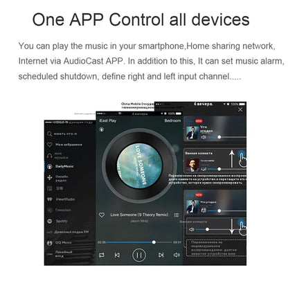 Audiocast app interface showing music playback controls and device management for airplay audio music streamer receiver audiocast m5