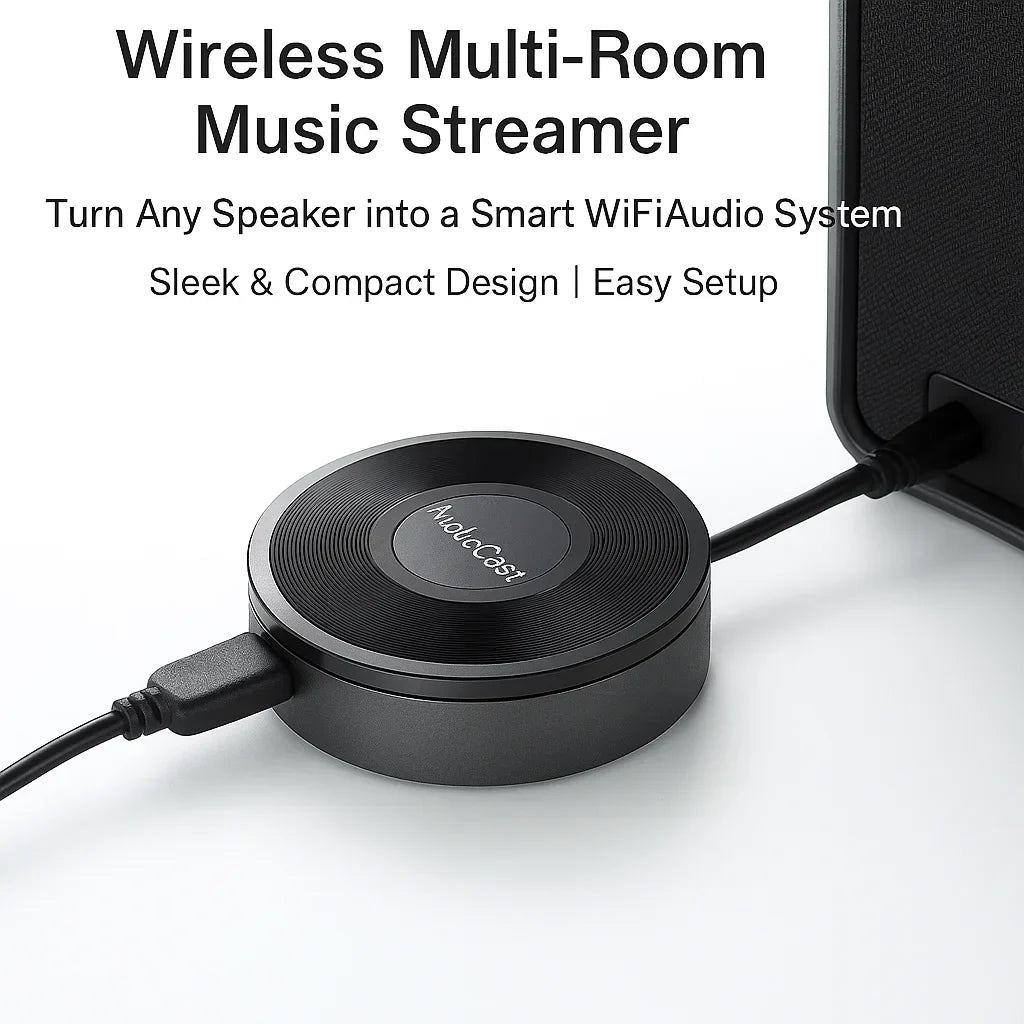 Black circular wireless music audio streamer with audiovisual logo for multi-room airplay audio music use