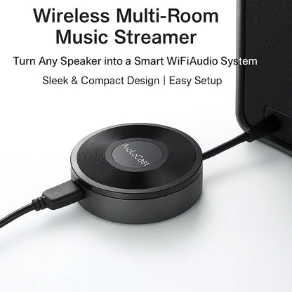 Black circular wireless music audio streamer with audiovisual logo for multi-room airplay audio music use