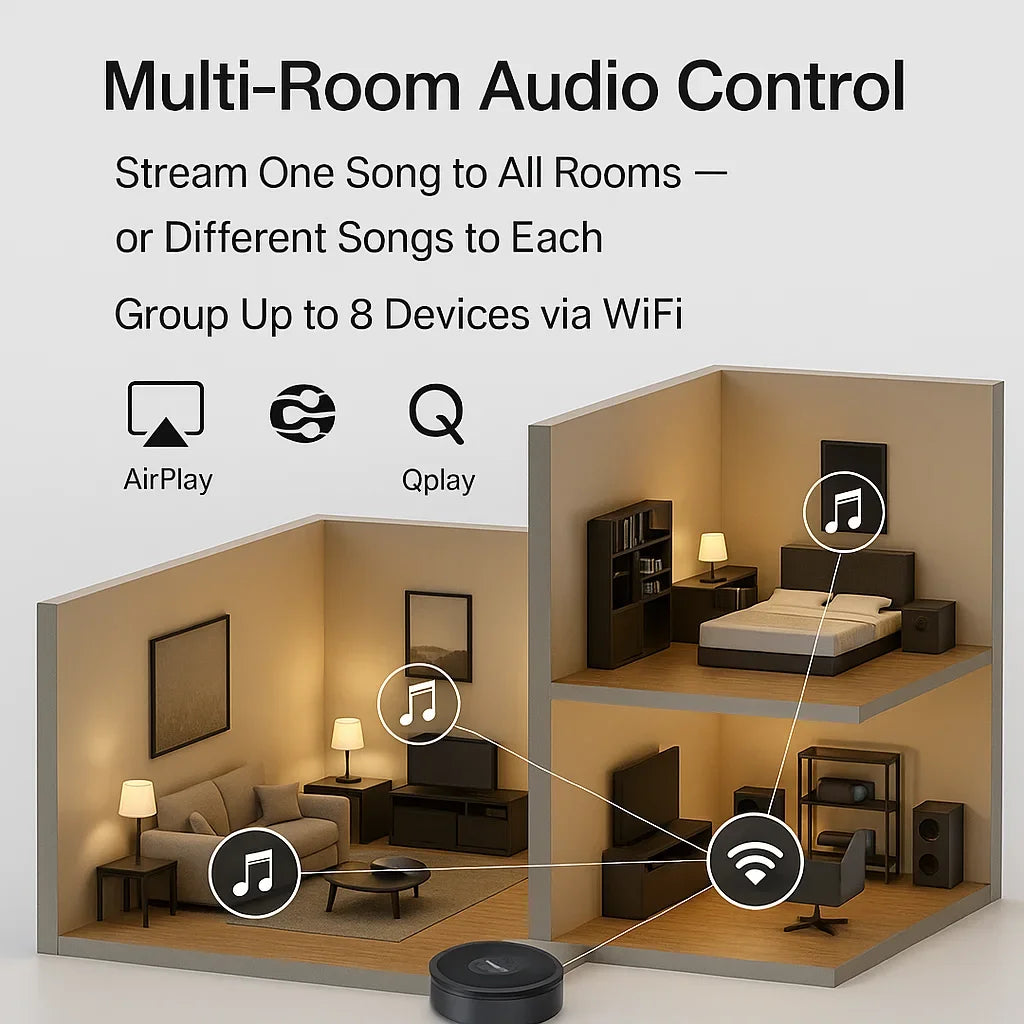 Black circular multi-room music audio streamer and streamer receiver audiocast with airplay audio music support