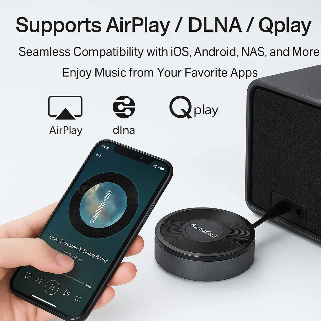 Black circular wireless speaker with textured surface and aeolacant branding as music audio streamer and airplay audio music receiver