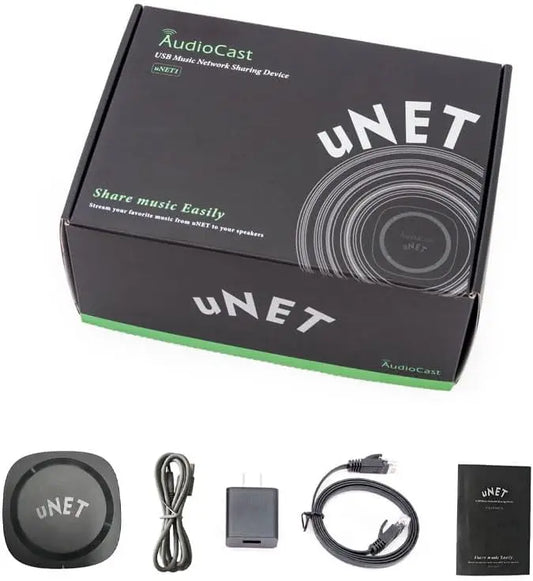 Black audiocast unet usb music network sharing device in sleek circular design with white branding compatible with wiim audio pro