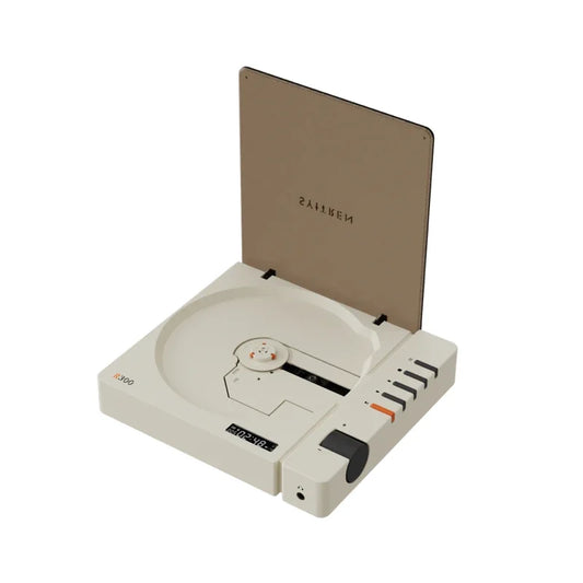 Cream-colored minimalist portable cd player with hinged lid and sleek control panel featuring quality wireless bluetooth and bluetooth hifi album