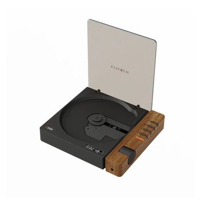 Black and wood-grain zahnem 300 portable cd player with transparent lid featuring quality wireless bluetooth hifi album playback