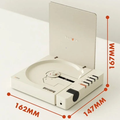 White plastic vintage-style portable cd player with transparent lid and black knobs featuring quality wireless bluetooth and bluetooth hifi album