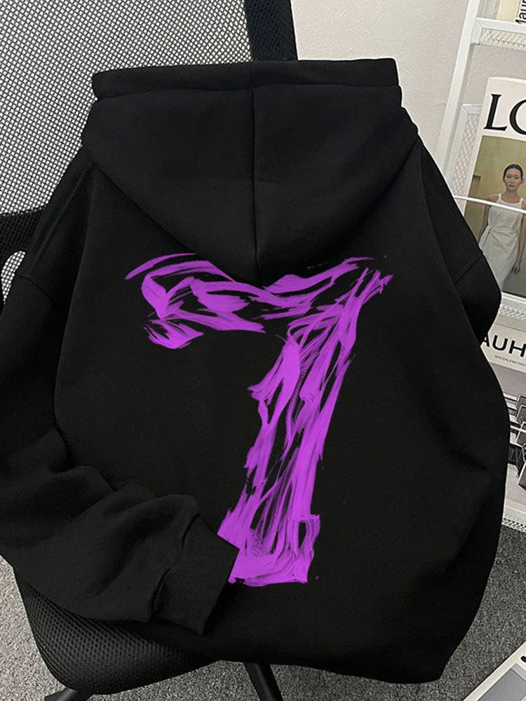 Black oversized sweatshirt y2k with bold purple abstract graphic on back hip hop fashion printed pullover hoodie fleece