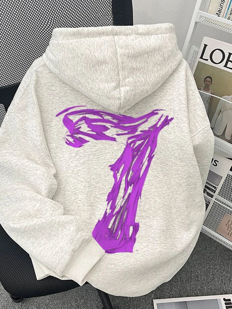 A heather gray fleece oversized sweatshirt y2k with a vibrant purple abstract graphic on the back for hip hop fashion
