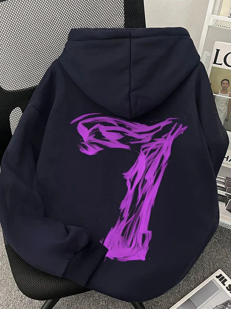 Black oversized sweatshirts y2k featuring a bold purple graphic on the back in hip hop fashion printed pullover hoodies style