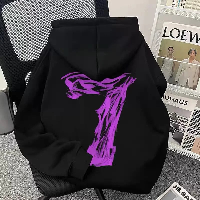 Back view of black fleece oversized sweatshirts y2k with bold abstract purple graphic in hip hop fashion printed pullover hoodies