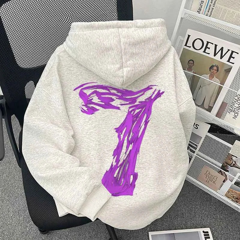 Heather gray fleece oversized sweatshirt y2k with bold abstract purple graphic on the back for hip hop fashion