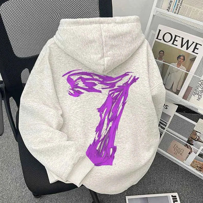 Heather gray fleece oversized sweatshirt y2k with bold abstract purple graphic on the back for hip hop fashion