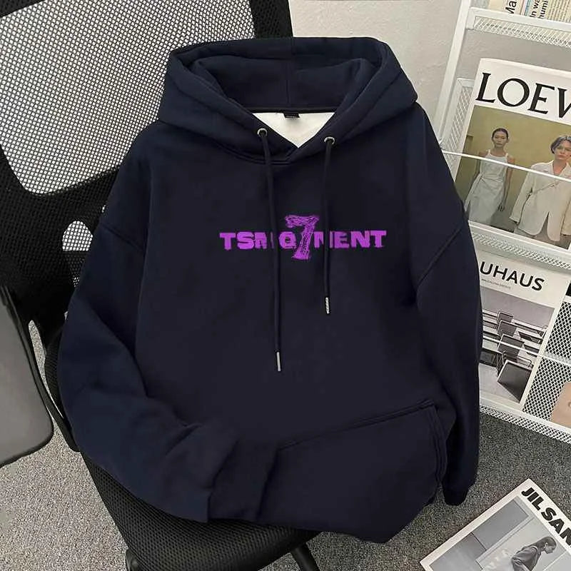 Navy blue fleece oversized sweatshirts y2k with purple tsq7ent graphic printed pullover hoodies for hip hop fashion