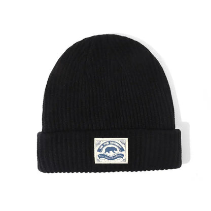 Black ribbed knit beanie with folded cuff and blue bear patch for women hip hop punk crochet bonnet melon cap fashion