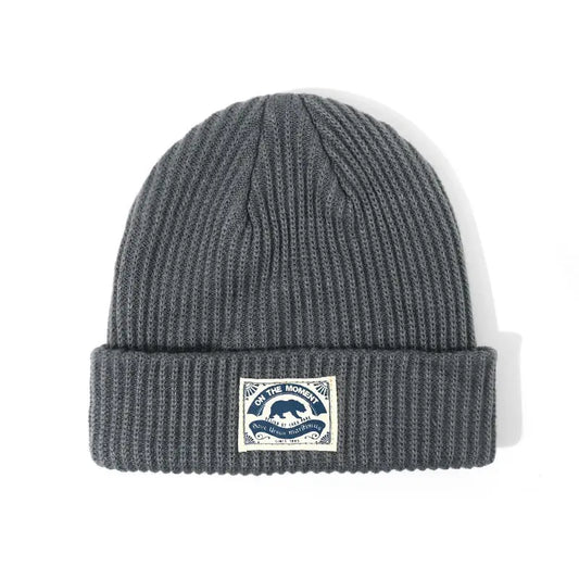 Dark gray ribbed knit beanie with folded cuff and bear patch perfect for women hip hop punk crochet bonnet melon cap fashion