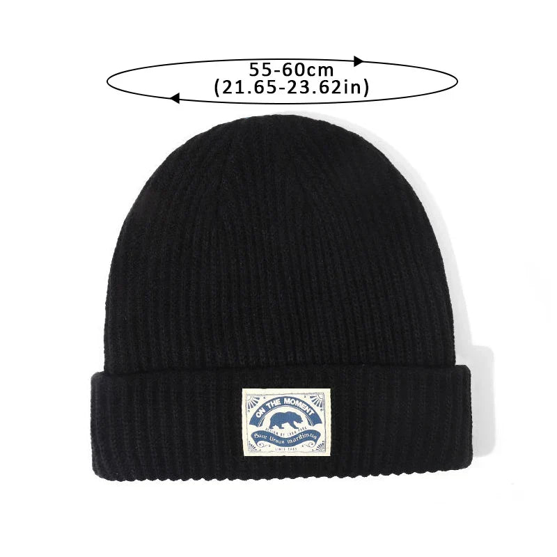 Black ribbed knit beanie with folded cuff white patch blue text bear logo perfect for women hip hop melon cap fashion