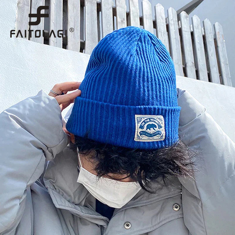 Bright blue ribbed knit melon cap fashion beanie with white wave patch for women hip hop punk crochet bonnet style