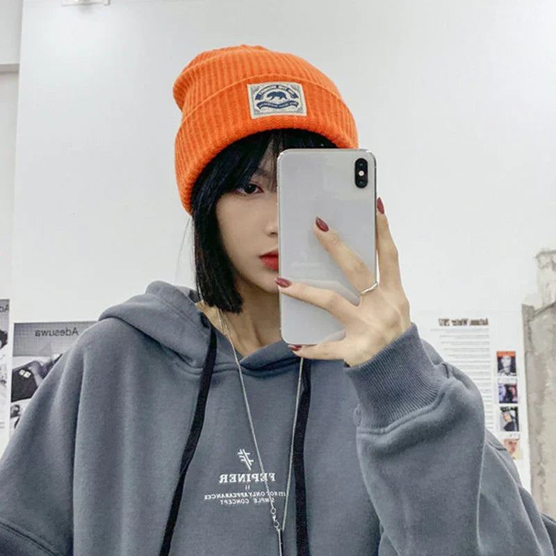 Orange ribbed knit beanie with rectangular embroidered patch for women hip hop punk crochet bonnet melon cap fashion