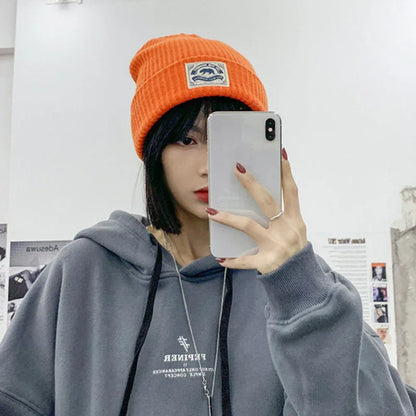 Orange ribbed knit beanie with rectangular embroidered patch for women hip hop punk crochet bonnet melon cap fashion
